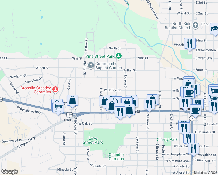 map of restaurants, bars, coffee shops, grocery stores, and more near 805 West Bridge Street in Weatherford