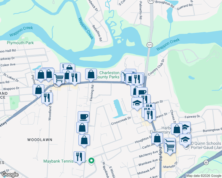 map of restaurants, bars, coffee shops, grocery stores, and more near Promenade Vista Street in Charleston