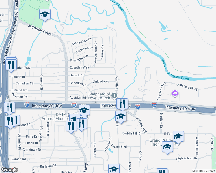 map of restaurants, bars, coffee shops, grocery stores, and more near 721 Greenland Way in Grand Prairie