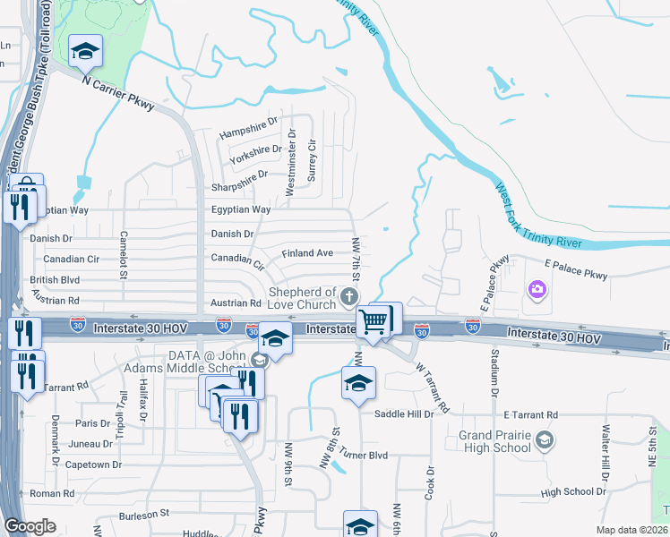 map of restaurants, bars, coffee shops, grocery stores, and more near 721 Greenland Way in Grand Prairie