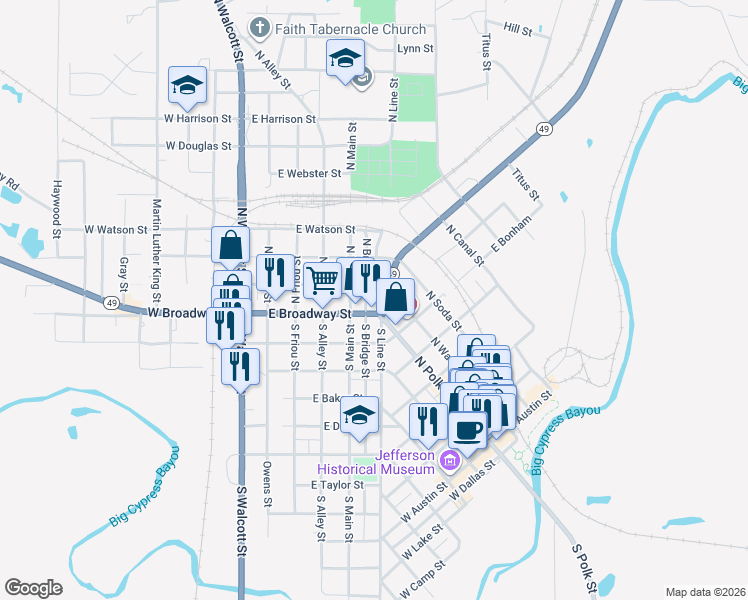 map of restaurants, bars, coffee shops, grocery stores, and more near 605 East Broadway Street in Jefferson