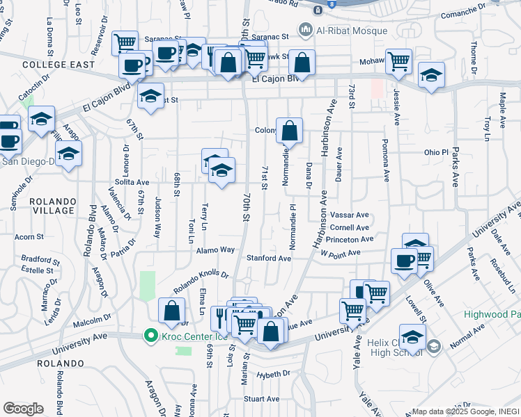 map of restaurants, bars, coffee shops, grocery stores, and more near 4580 71st Street in La Mesa