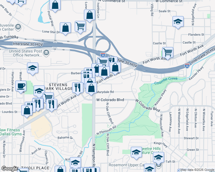 map of restaurants, bars, coffee shops, grocery stores, and more near 2023 Marydale Road in Dallas