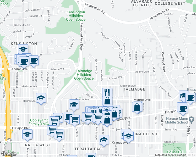 map of restaurants, bars, coffee shops, grocery stores, and more near 4607 Constance Drive in San Diego