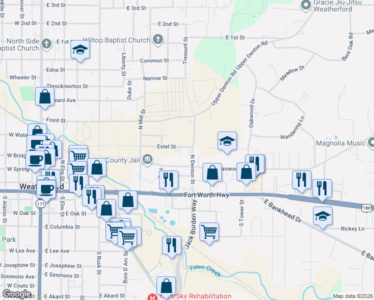map of restaurants, bars, coffee shops, grocery stores, and more near 219 North Denton Street in Weatherford