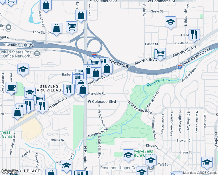 map of restaurants, bars, coffee shops, grocery stores, and more near 1931 Marydale Road in Dallas