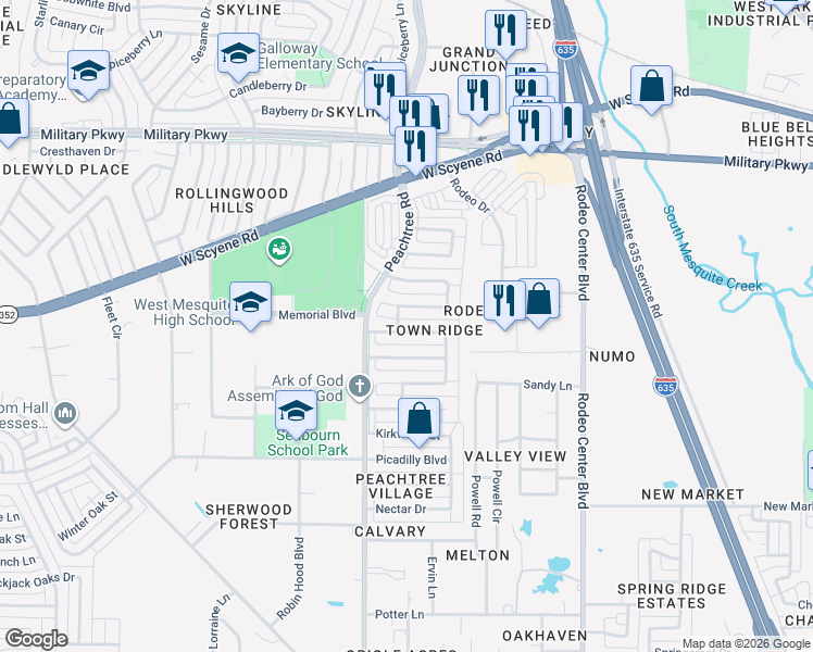 map of restaurants, bars, coffee shops, grocery stores, and more near 2101 Catskill Drive in Mesquite