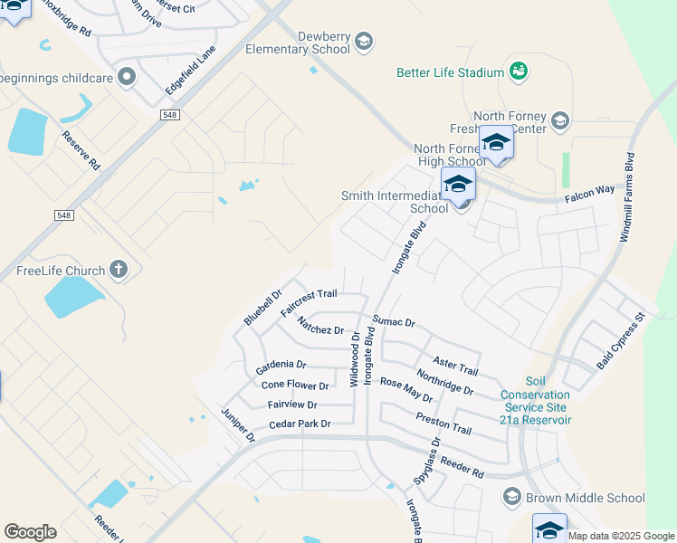 map of restaurants, bars, coffee shops, grocery stores, and more near 2011 Misty Hollow Court in Forney