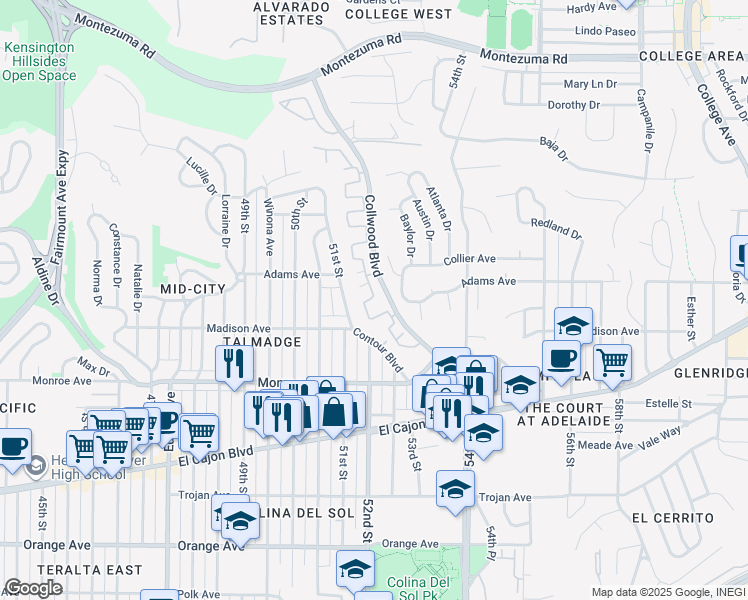 map of restaurants, bars, coffee shops, grocery stores, and more near 4221 Collwood Lane in San Diego