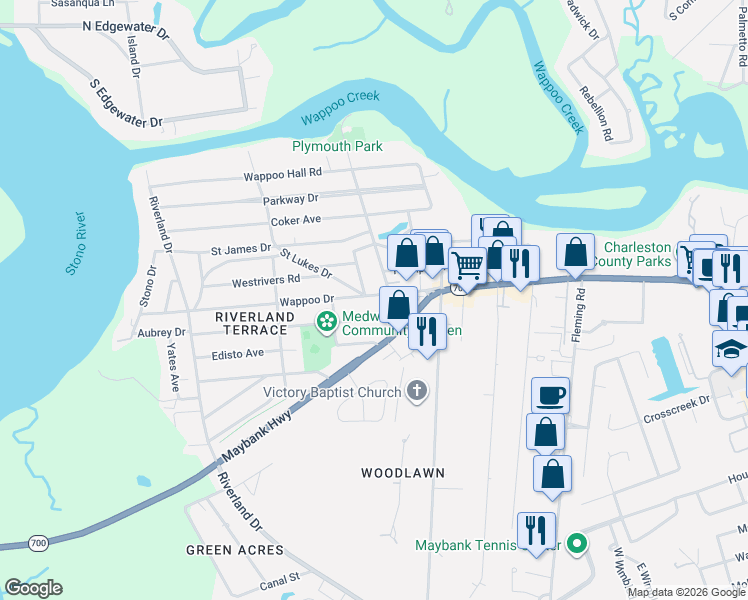 map of restaurants, bars, coffee shops, grocery stores, and more near 2038 Medway Road in Charleston
