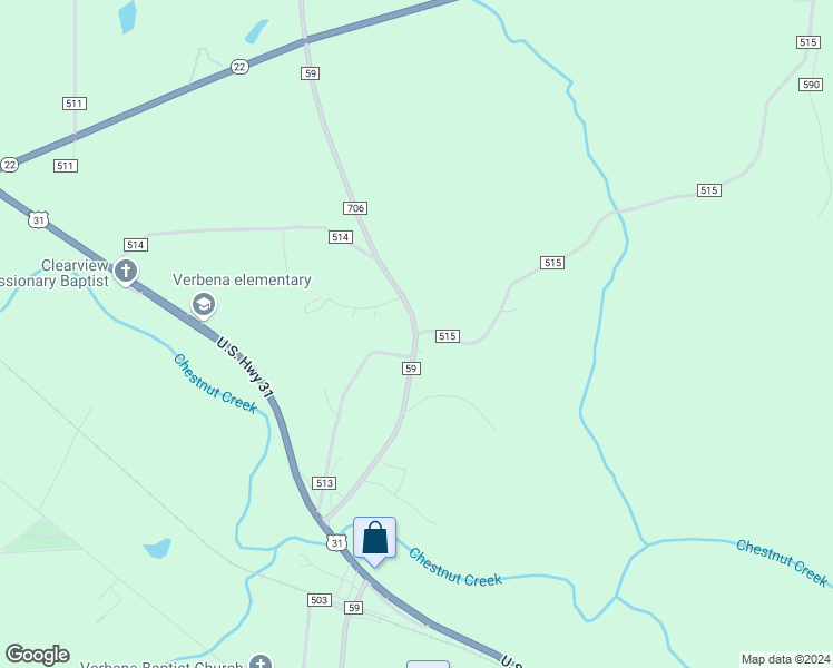 map of restaurants, bars, coffee shops, grocery stores, and more near 100 County Road 515 in Verbena