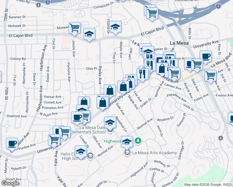 map of restaurants, bars, coffee shops, grocery stores, and more near 4535 Troy Lane in La Mesa