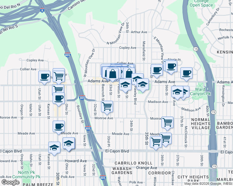 map of restaurants, bars, coffee shops, grocery stores, and more near 4621 Felton Street in San Diego