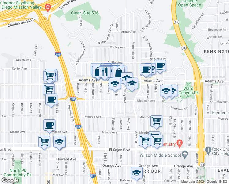 map of restaurants, bars, coffee shops, grocery stores, and more near 4640 34th Street in San Diego