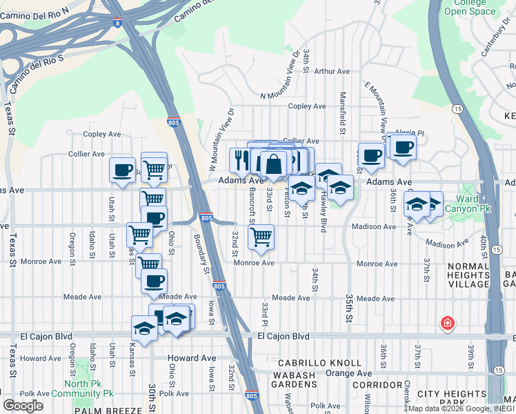 map of restaurants, bars, coffee shops, grocery stores, and more near 4620 33rd Street in San Diego