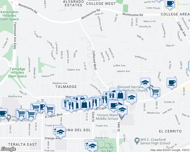 map of restaurants, bars, coffee shops, grocery stores, and more near 4221 Collwood Lane in San Diego