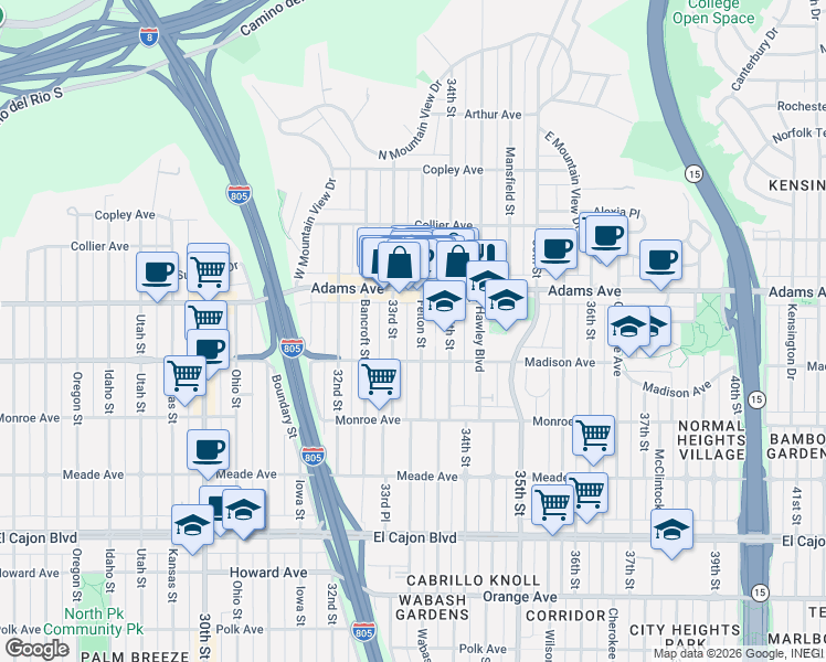 map of restaurants, bars, coffee shops, grocery stores, and more near 4621 Felton Street in San Diego