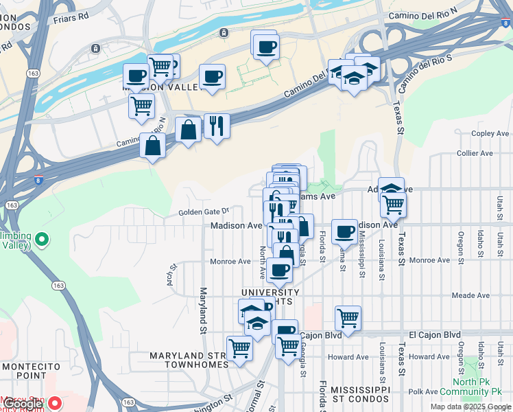 map of restaurants, bars, coffee shops, grocery stores, and more near 4619 1/2 Campus Avenue in San Diego