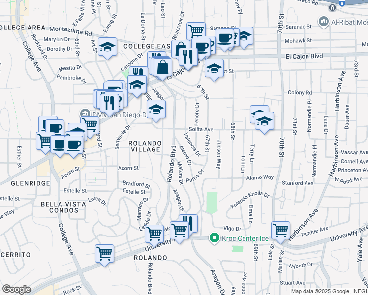 map of restaurants, bars, coffee shops, grocery stores, and more near 4623 Alamo Drive in San Diego