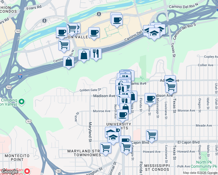 map of restaurants, bars, coffee shops, grocery stores, and more near 4655 Campus Avenue in San Diego
