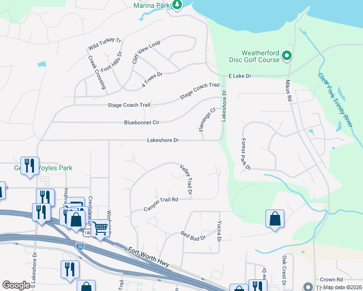 map of restaurants, bars, coffee shops, grocery stores, and more near 537 Valley Trail Drive in Weatherford