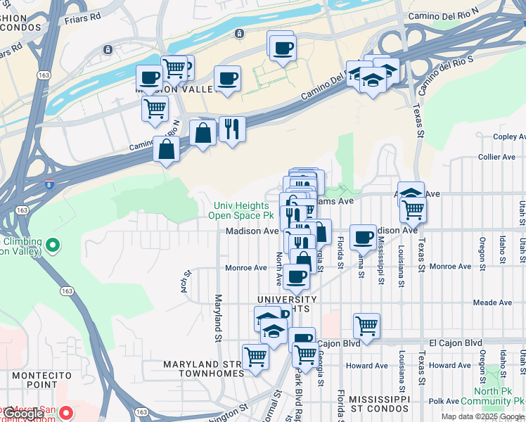 map of restaurants, bars, coffee shops, grocery stores, and more near 4619 1/2 Campus Avenue in San Diego