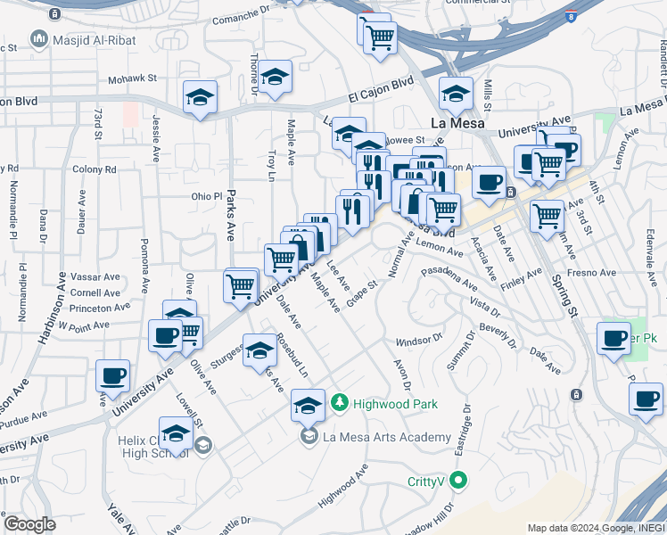 map of restaurants, bars, coffee shops, grocery stores, and more near Lee Ave & Quince St in La Mesa