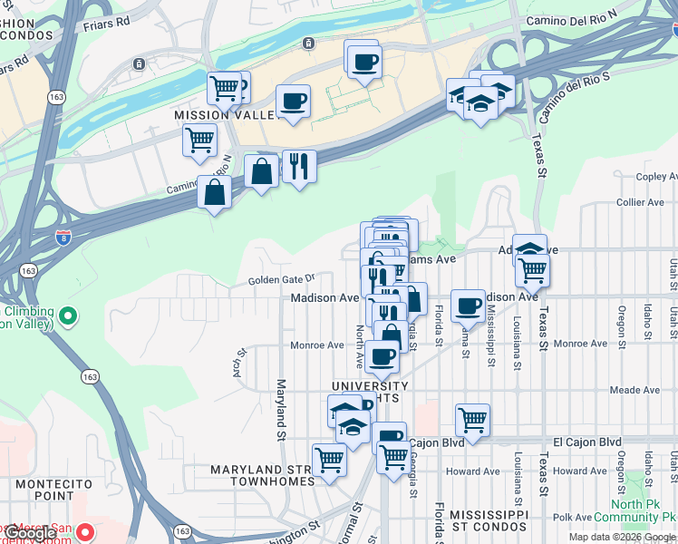 map of restaurants, bars, coffee shops, grocery stores, and more near 4619 1/2 Campus Avenue in San Diego