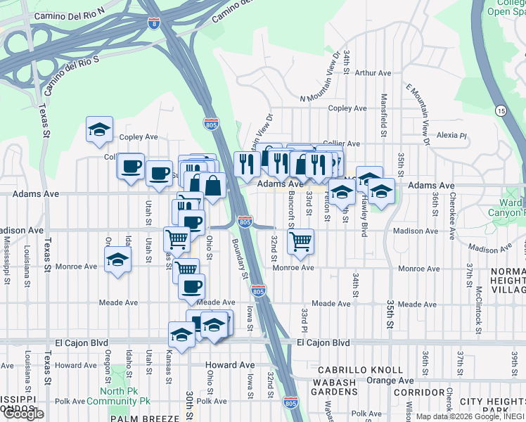 map of restaurants, bars, coffee shops, grocery stores, and more near 4615 Iowa Street in San Diego