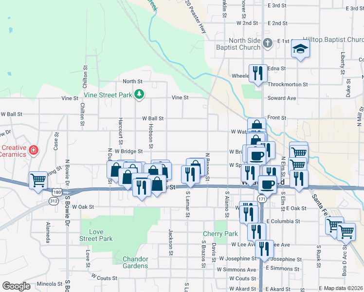 map of restaurants, bars, coffee shops, grocery stores, and more near 512 West Bridge Street in Weatherford