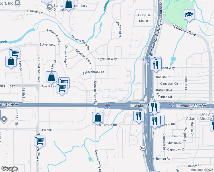 map of restaurants, bars, coffee shops, grocery stores, and more near 2319 Avenue H in Grand Prairie