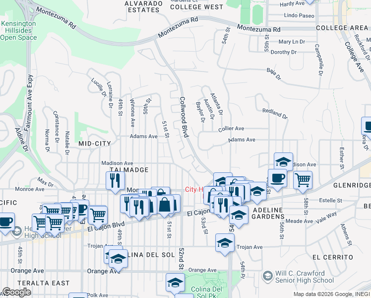 map of restaurants, bars, coffee shops, grocery stores, and more near 4221 Collwood Lane in San Diego