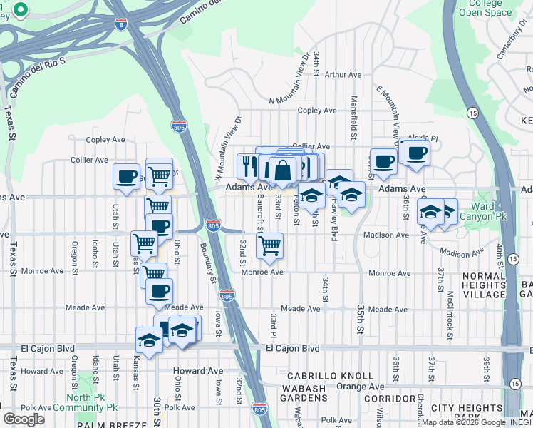 map of restaurants, bars, coffee shops, grocery stores, and more near 4639 Bancroft Street in San Diego