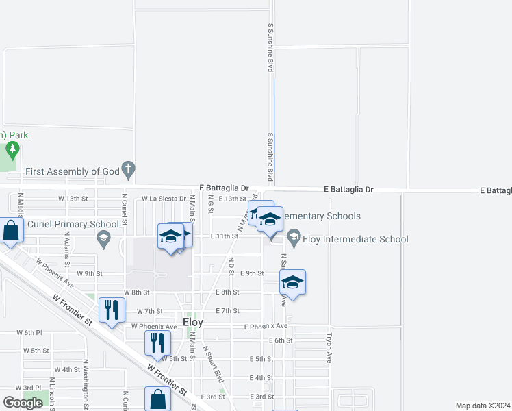map of restaurants, bars, coffee shops, grocery stores, and more near 1112 North Sunshine Boulevard in Eloy