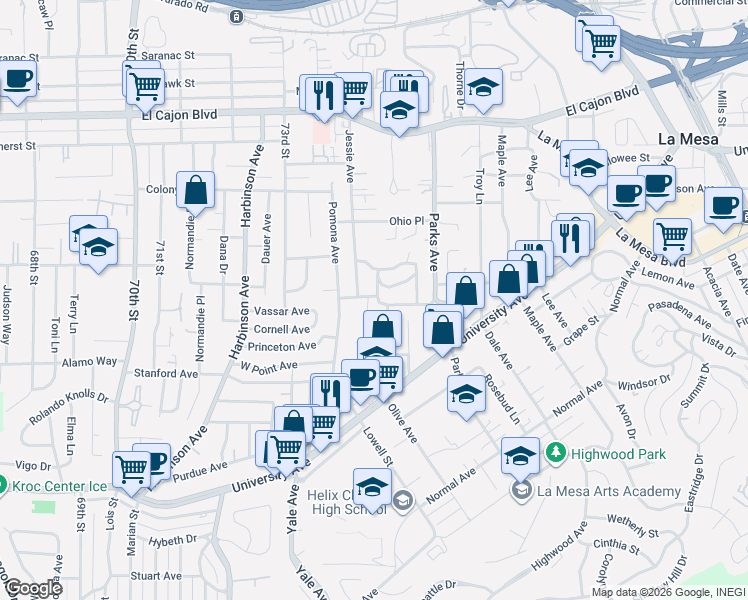 map of restaurants, bars, coffee shops, grocery stores, and more near 4572 Olive Avenue in La Mesa