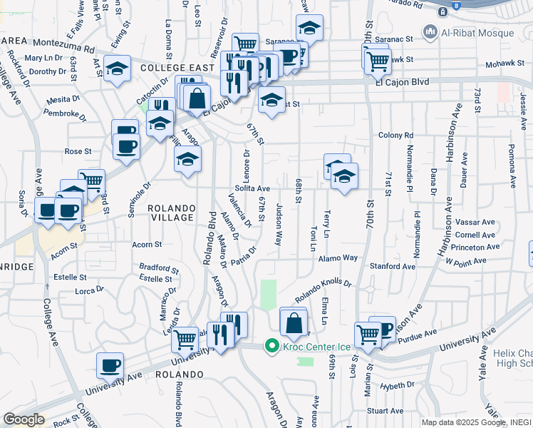 map of restaurants, bars, coffee shops, grocery stores, and more near 4572 Judson Way in La Mesa