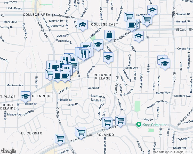 map of restaurants, bars, coffee shops, grocery stores, and more near 4623 Catherine Avenue in San Diego