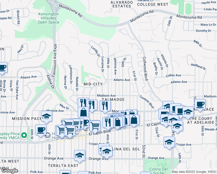 map of restaurants, bars, coffee shops, grocery stores, and more near 4621 49th Street in San Diego