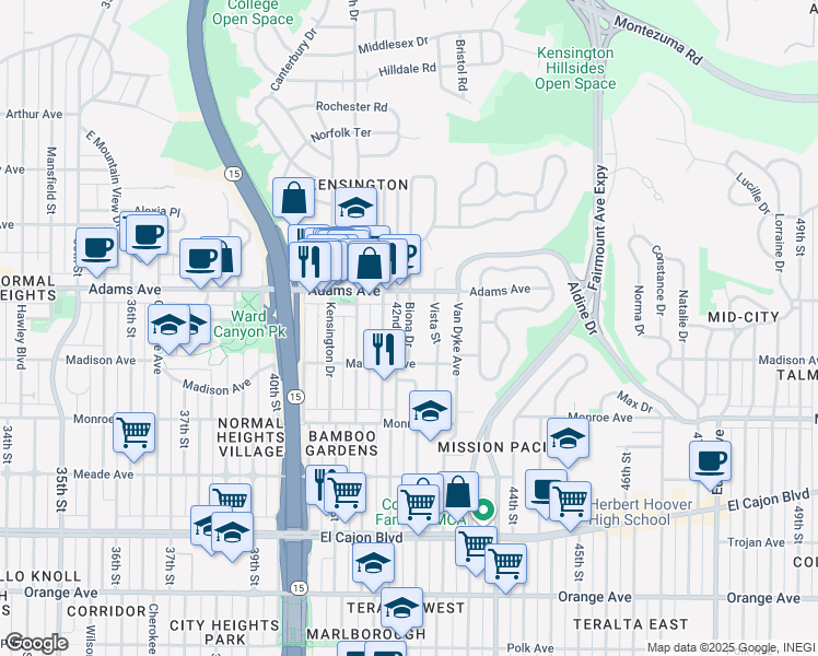 map of restaurants, bars, coffee shops, grocery stores, and more near 4621 Edgeware Road in San Diego