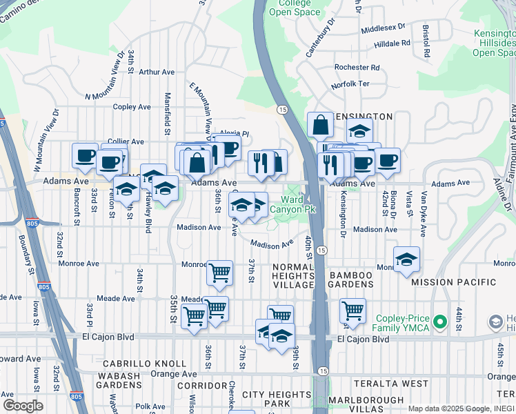 map of restaurants, bars, coffee shops, grocery stores, and more near 4636 38th Street in San Diego