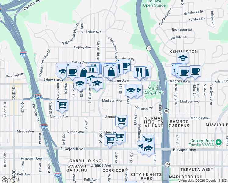 map of restaurants, bars, coffee shops, grocery stores, and more near 4620 36th Street in San Diego