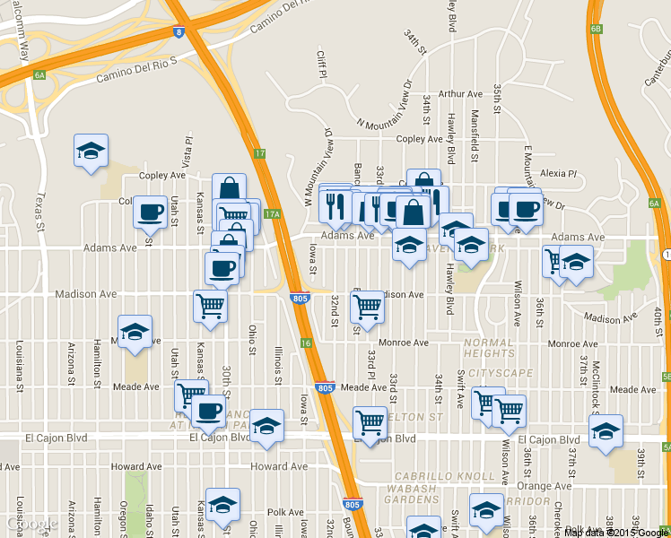 map of restaurants, bars, coffee shops, grocery stores, and more near 4621 32nd Street in San Diego
