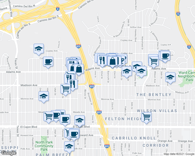 map of restaurants, bars, coffee shops, grocery stores, and more near 4615 Iowa Street in San Diego