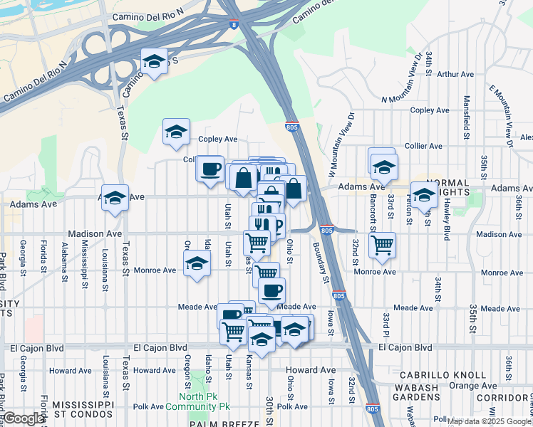 map of restaurants, bars, coffee shops, grocery stores, and more near 4622 1/2 30th Street in San Diego