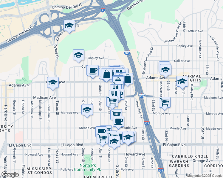 map of restaurants, bars, coffee shops, grocery stores, and more near 4622 1/2 30th Street in San Diego