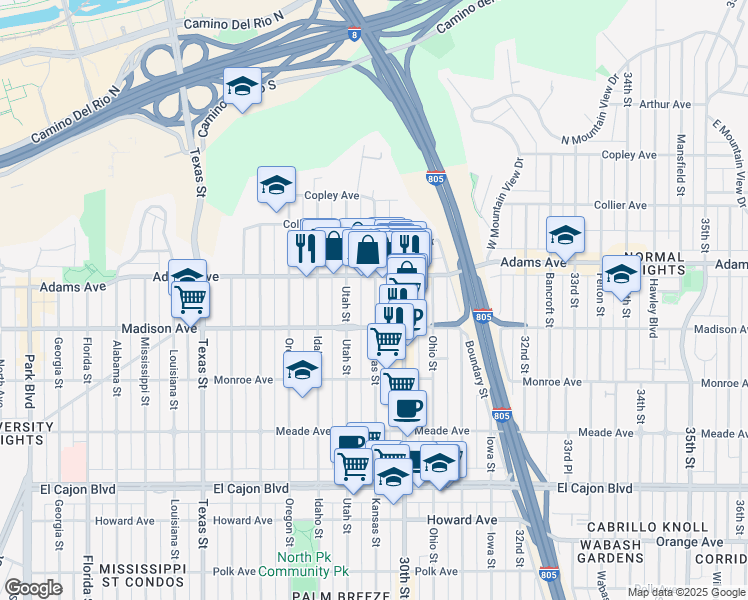 map of restaurants, bars, coffee shops, grocery stores, and more near 4602 Kansas Street in San Diego