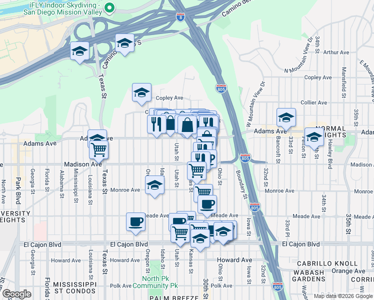 map of restaurants, bars, coffee shops, grocery stores, and more near 4602 Kansas Street in San Diego