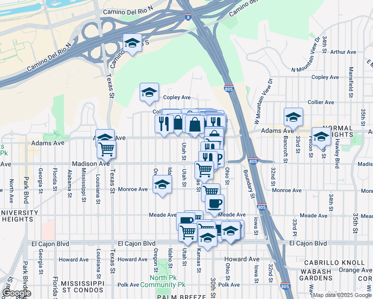 map of restaurants, bars, coffee shops, grocery stores, and more near 4602 Kansas Street in San Diego