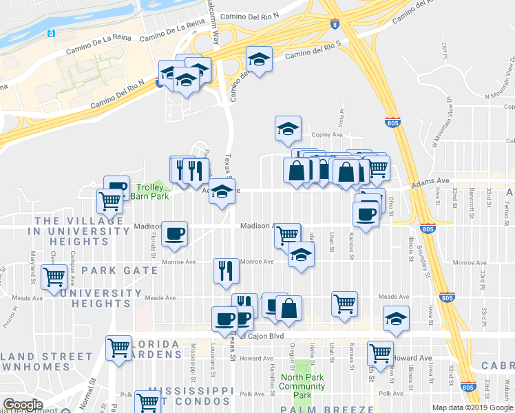 map of restaurants, bars, coffee shops, grocery stores, and more near 4632 Arizona Street in San Diego