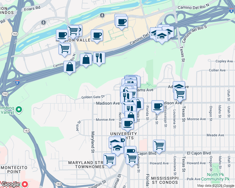 map of restaurants, bars, coffee shops, grocery stores, and more near 4619 1/2 Campus Avenue in San Diego